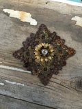 Vintage metal filigree jewelry part,candle decor, rust parts, lamp parts,vintage jewelry,salvaged parts, lace metal look,rhinestone