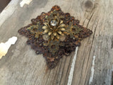 Vintage metal filigree jewelry part,candle decor, rust parts, lamp parts,vintage jewelry,salvaged parts, lace metal look,rhinestone