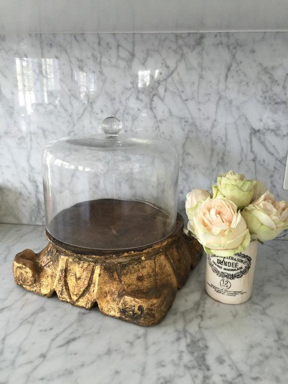 Glass Cloche dome and corbel,bell jar,dessert tray,corbel pedistal,cake plate,dessert server,wood base with glass dome,cale dome