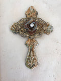 5.5" Cast iron filigree wall cross,fence piece metal aged,salvaged-metal lace finding on cross,with rose