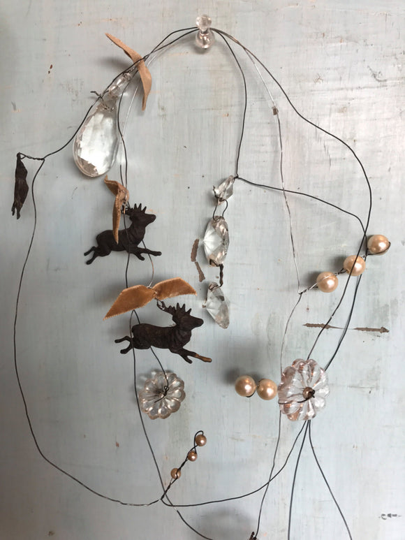 Deer garland,Vintage crystal wired garland and christmas tree garland with antique beads and 3 deer with antlers hanging on garland 36