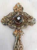 5.5" Cast iron filigree wall cross,fence piece metal aged,salvaged-metal lace finding on cross,with rose