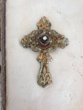 5.5" Cast iron filigree wall cross,fence piece metal aged,salvaged-metal lace finding on cross,with rose