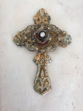 5.5" Cast iron filigree wall cross,fence piece metal aged,salvaged-metal lace finding on cross,with rose