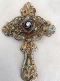 5.5" Cast iron filigree wall cross,fence piece metal aged,salvaged-metal lace finding on cross,with rose
