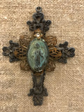 Metal cross with patina green Mary and small gold flower