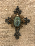 Metal cross with patina green Mary and small gold flower