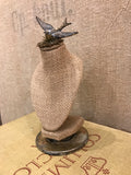 Burlap bust with bird finding,jewelry holder,necklace stand,jewelry stand,vintage lamp part,rusted rose finding,jewelry display,