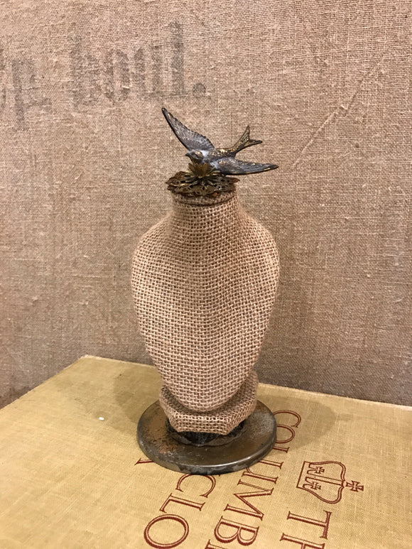 Burlap bust with bird finding,jewelry holder,necklace stand,jewelry stand,vintage lamp part,rusted rose finding,jewelry display,