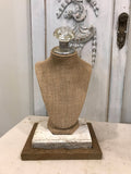 Burlap bust jewelry holder with vintage crystal knob and vintage barn wood base.