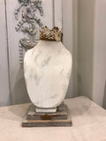 Jewelry bust with lace crown and attached to barn wood base