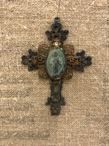 Metal cross with patina green Mary and small gold flower