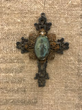 Metal cross with patina green Mary and small gold flower