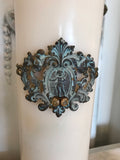 Candle pick scroll jewelry funding,aged metal  piece with hand set rhinestones and puck in back for candle
