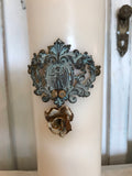 Candle pick scroll jewelry funding,aged metal  piece with hand set rhinestones and puck in back for candle