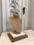 Burlap bust jewelry holder with vintage crystal knob and vintage barn wood base.