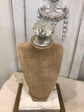 Burlap bust jewelry holder with vintage crystal knob and vintage barn wood base.