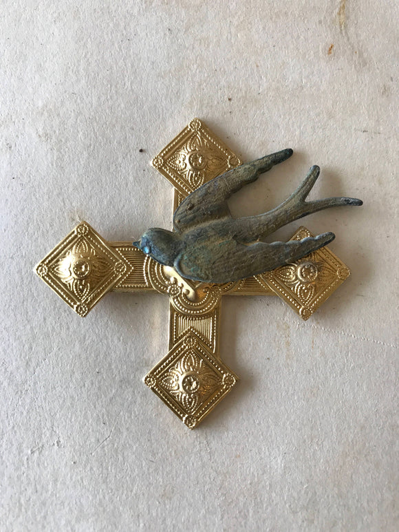 Gold cross with bird, vintage bird on cross