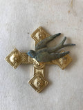 Gold cross with bird, vintage bird on cross