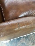 Pair French Bergere arm chairs in leather with down feather cushions and ladder back seats,reversed scrolled feet