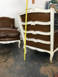 Pair French Bergere arm chairs in leather with down feather cushions and ladder back seats,reversed scrolled feet