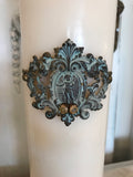 Candle pick scroll jewelry funding,aged metal  piece with hand set rhinestones and puck in back for candle