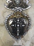 Santos heart,hearts of fire,gaint rosary neckace,lace beaded heart cross necklace,rhinestone cross on heart,metal heart,love heart