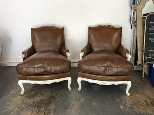 Pair French Bergere arm chairs in leather with down feather cushions and ladder back seats,reversed scrolled feet