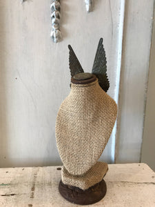 Metal wings on burlap bust,jewelry holder,necklace holder,jewelry stand,jewelry display,crown,metal crown,angel wings