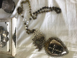 Santos heart,hearts of fire,gaint rosary neckace,lace beaded heart cross necklace,rhinestone cross on heart,metal heart,love heart