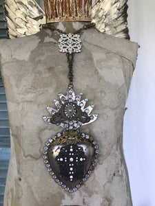 Santos heart,hearts of fire,gaint rosary neckace,lace beaded heart cross necklace,rhinestone cross on heart,metal heart,love heart