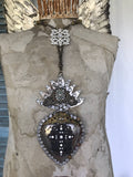 Santos heart,hearts of fire,gaint rosary neckace,lace beaded heart cross necklace,rhinestone cross on heart,metal heart,love heart