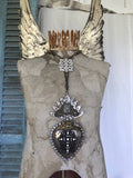 Santos heart,hearts of fire,gaint rosary neckace,lace beaded heart cross necklace,rhinestone cross on heart,metal heart,love heart