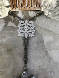 Santos heart,hearts of fire,gaint rosary neckace,lace beaded heart cross necklace,rhinestone cross on heart,metal heart,love heart