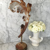 Jewelry display, cast iron leaf with patina rust aged white, scroll leaf holder, cast iron stand, vintage velvet