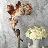 Jewelry display, cast iron leaf with patina rust aged white, scroll leaf holder, cast iron stand, vintage velvet