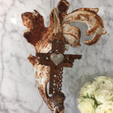 Jewelry display, cast iron leaf with patina rust aged white, scroll leaf holder, cast iron stand, vintage velvet