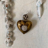 Heart pendant, 1 patina aged gold heart with rhinestone ball attached
