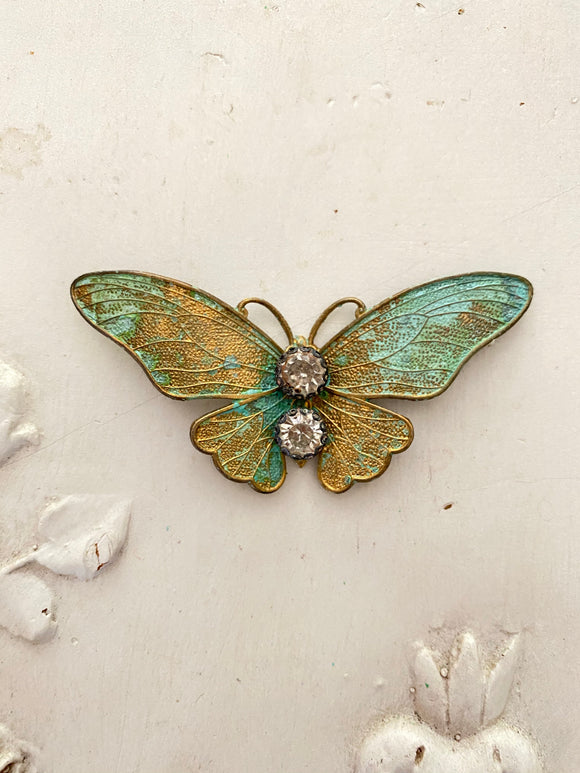 Metal butterfly, patina green butterfly with rhinestones