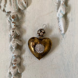 Heart pendant, 1 patina aged gold heart with rhinestone ball attached