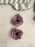 Vintage patina lavender rusted Roses, 2 metal roses