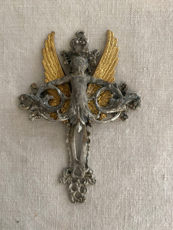 Cherub cross with gold wings ,metal cross with detailed cherub attached