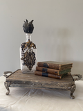 Silver tray platform, wood top silver tray, footed silver tray with wood top