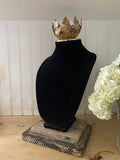 Black velvet bust jewelry holder with metal crown