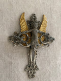 Cherub cross with gold wings ,metal cross with detailed cherub attached