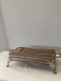 Silver tray platform, wood top silver tray, footed silver tray with wood top