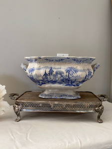 Silver tray platform, wood top silver tray, footed silver tray with wood top