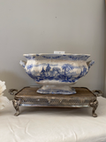 Silver tray platform, wood top silver tray, footed silver tray with wood top