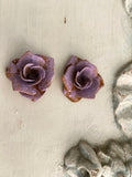 Vintage patina lavender rusted Roses, 2 metal roses