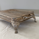 Silver tray platform, wood top silver tray, footed silver tray with wood top